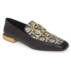 Salvatore Ferragamo Black Leather & Cream Logo Jacquard Loafers with Gold Buckle